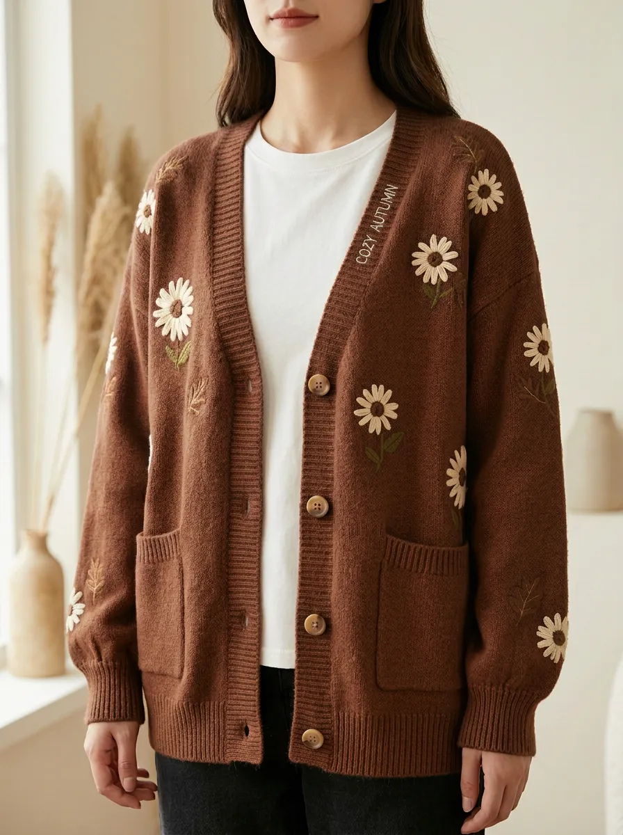 Botanical Daisy Floral Embroidered Women's Knit Cardigan