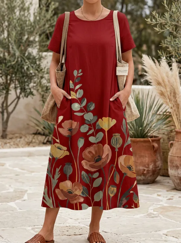 Women's Botanical Poppy Floral Printed Midi Dress
