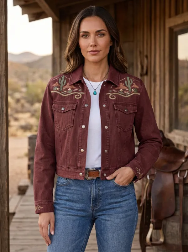 Women's Classic Western Cactus Desert Embroidered Denim Jacket