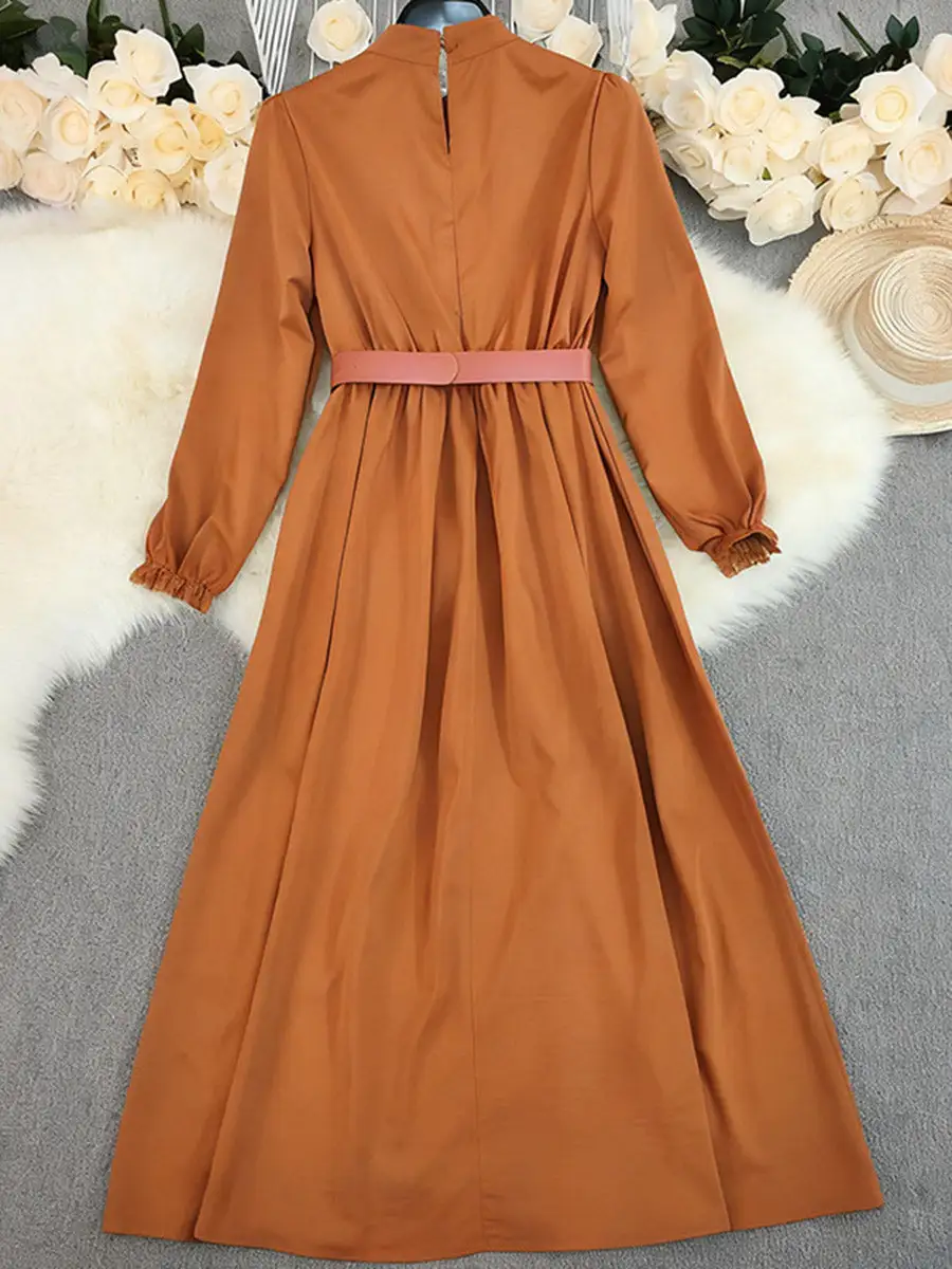 Elasticated Pleated Buttoned Belted Shirt Maxi Dress