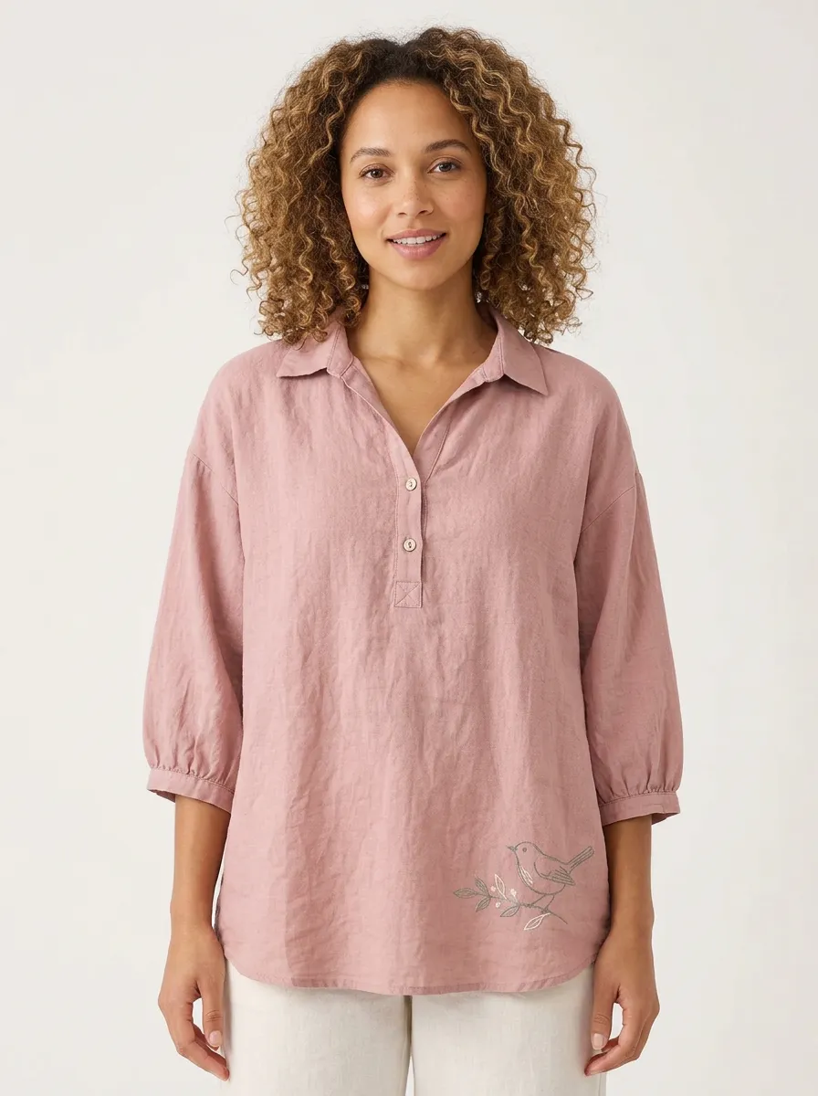 Women's Nature Lover Bird Branch Printed Cotton And Linen Blend Top