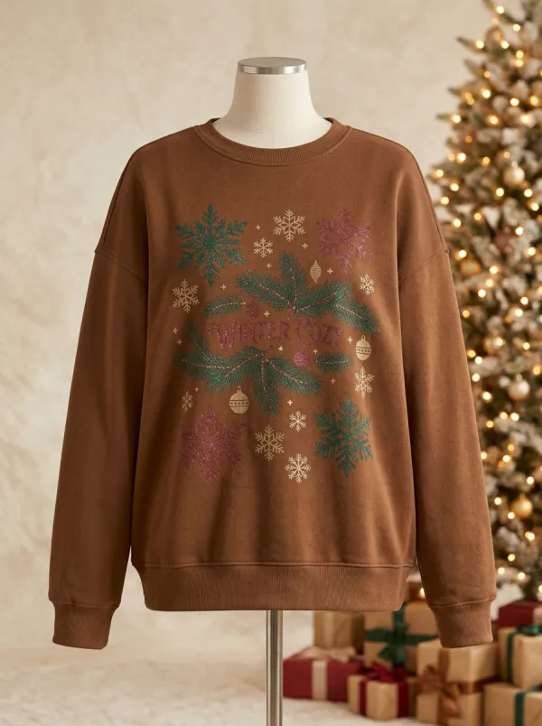 Winter Cozy Snowflake Pine Branch Print Sweatshirt