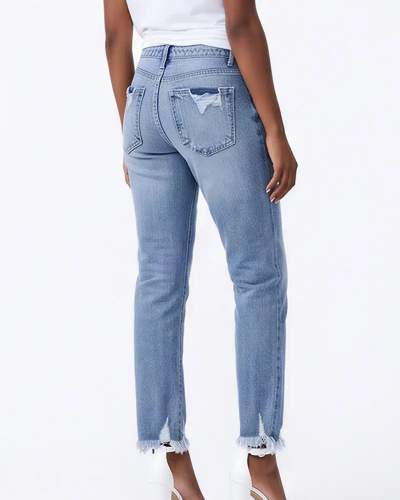 Distressed Cropped Raw-Hem Straight Jeans
