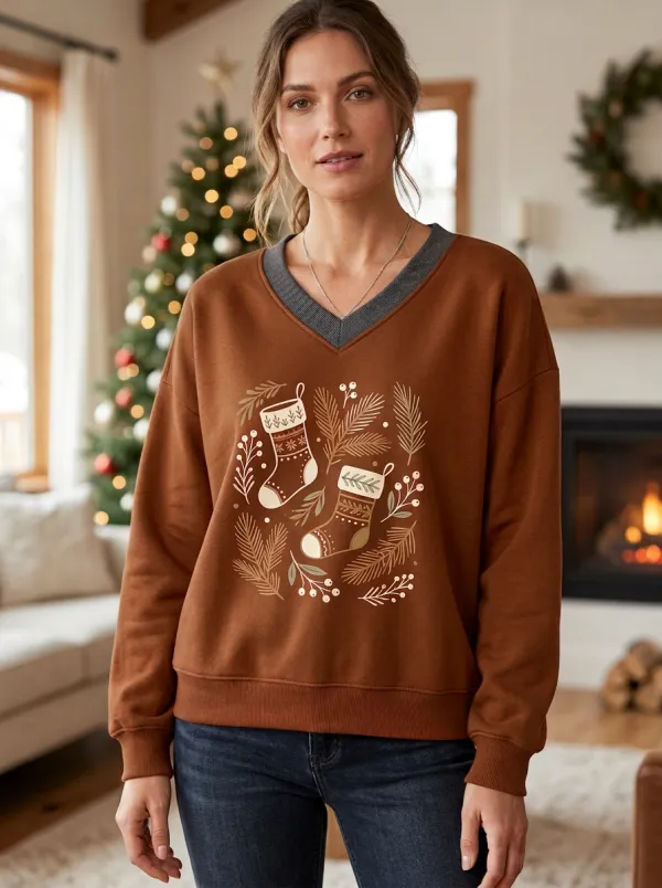Christmas Holiday Stocking Pine Branch Print Sweatshirt