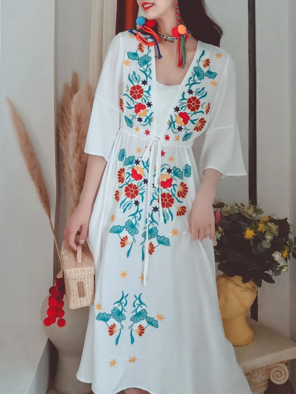 Textured Floral Embroidered Boho Maxi Dress