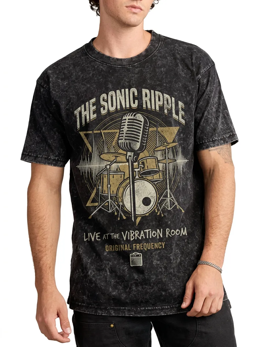 Men's Rock Band Microphone Drum Printed Acid Wash T-shirt