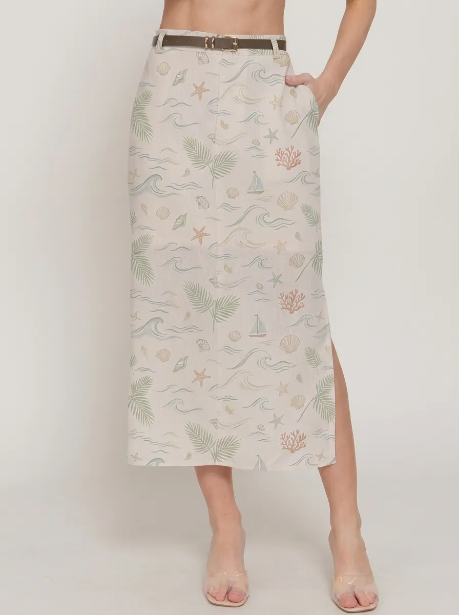 Women's Beach Lover Ocean Shell Palm Printed Midi Skirt