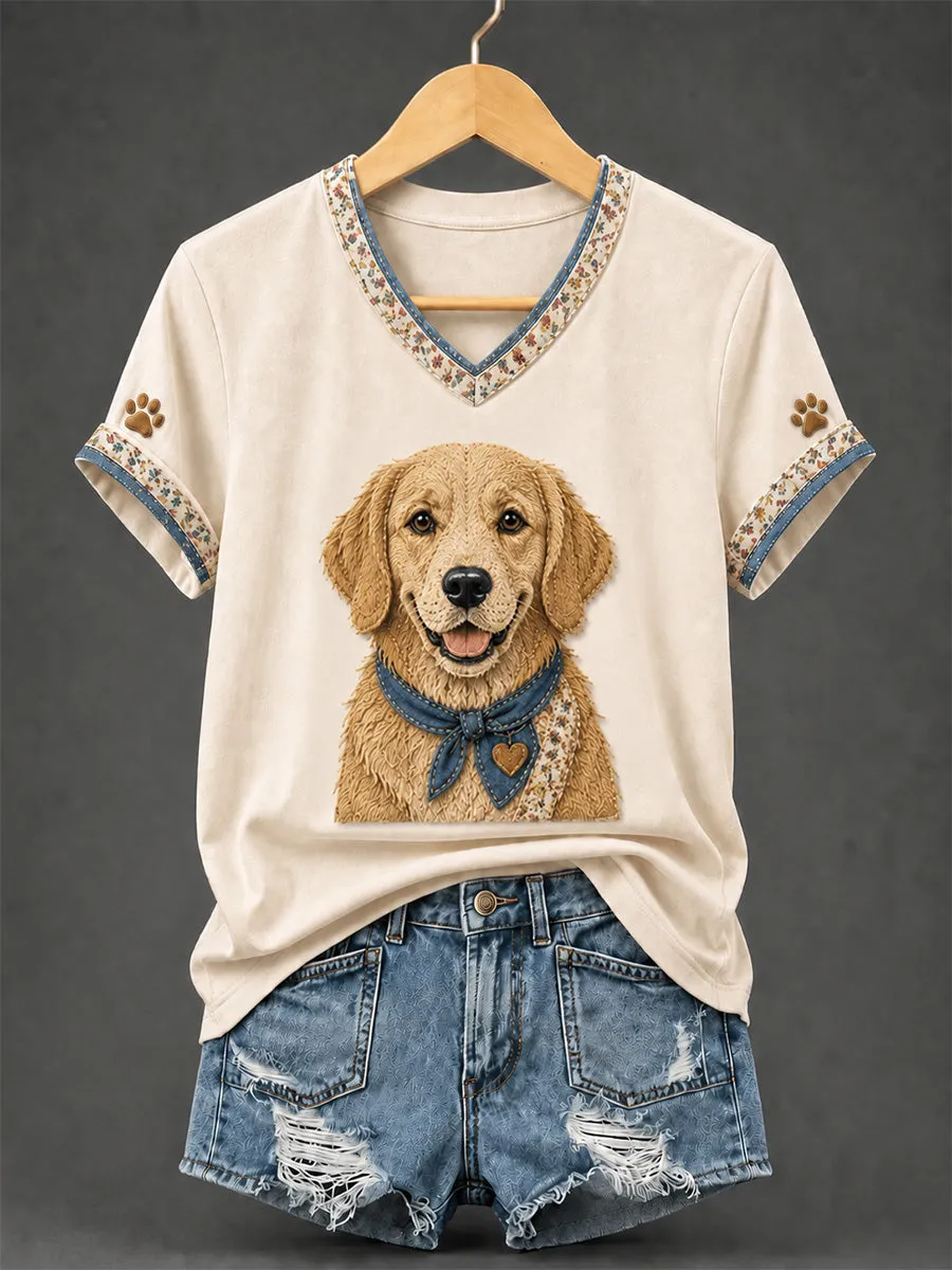 Women's Retro Patchwork Dog Print V-Neck Tee