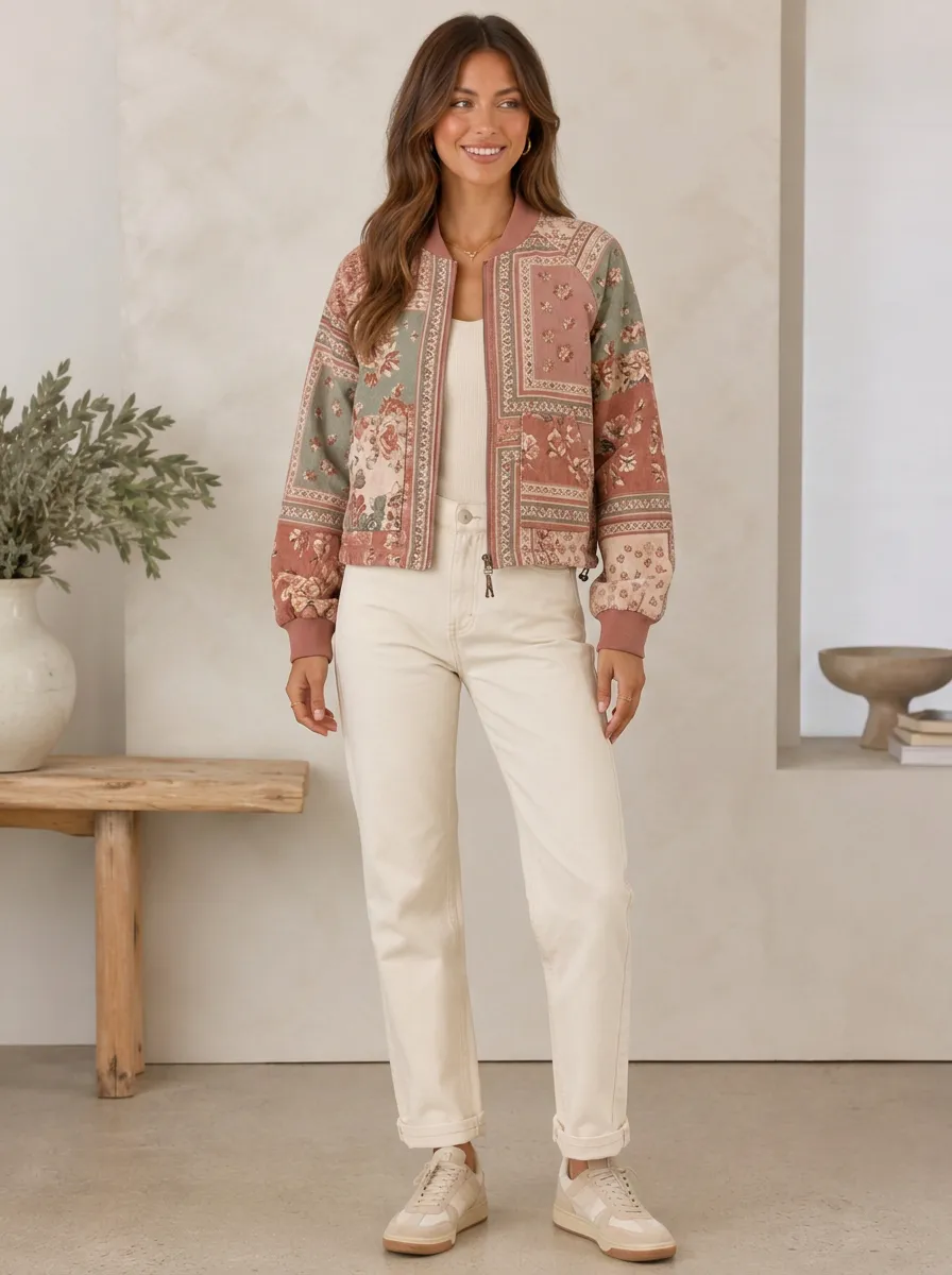 Women's Vintage Floral Patchwork Ribbed Trim Welt Pocket Bomber Jacket