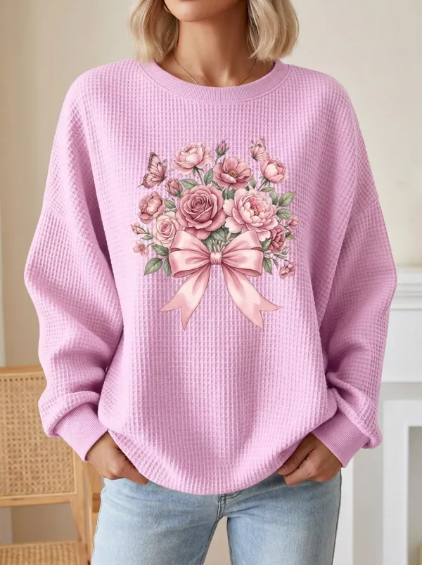 Ribbon Floral Butterfly Botanical Women's Breast Cancer Awareness Waffle Sweatshirt