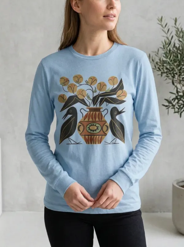 Women's Folk Art Bird Printed Long Sleeve Top