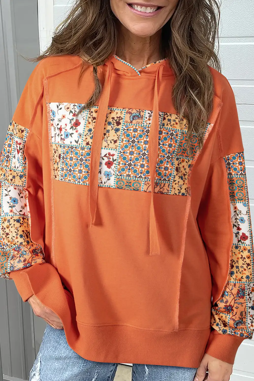 Drawstring Floral Patchwork Hoodie