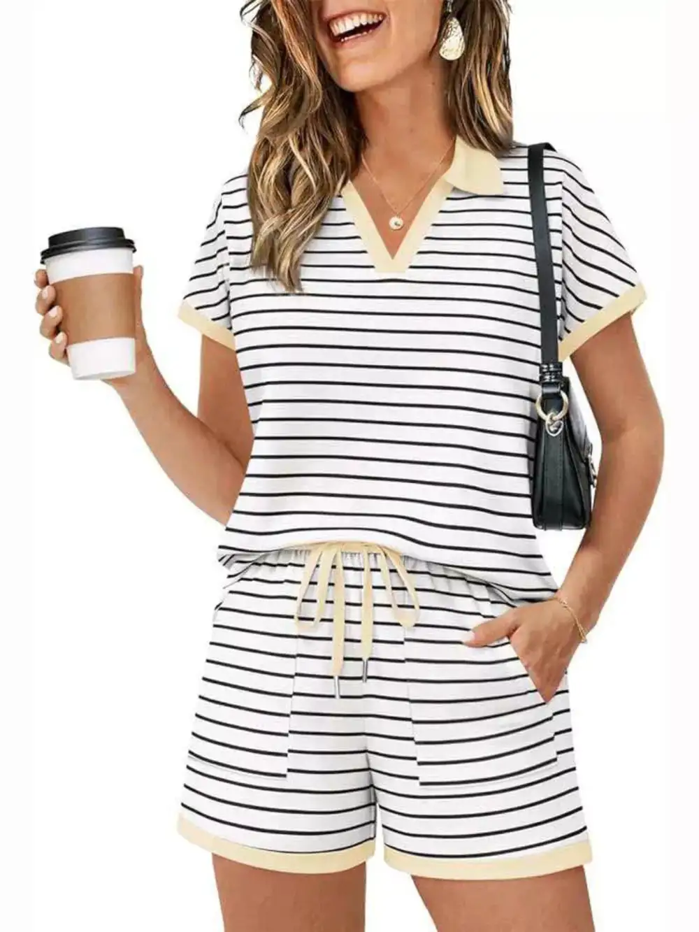 Striped Short Sleeve Polo Shorts Set