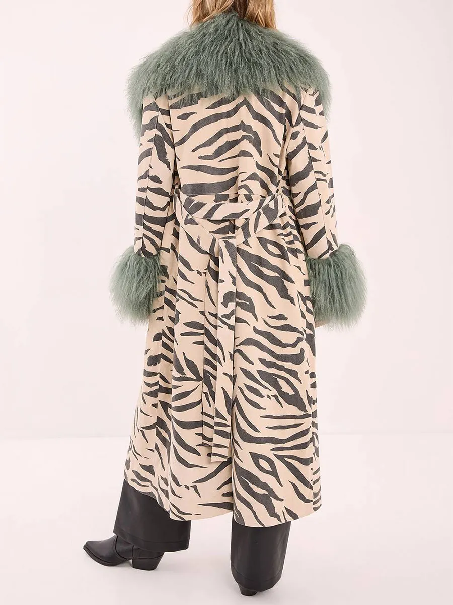 Women's Zebra-Print Green Faux Fur Collar Waist-Tie Long Coat