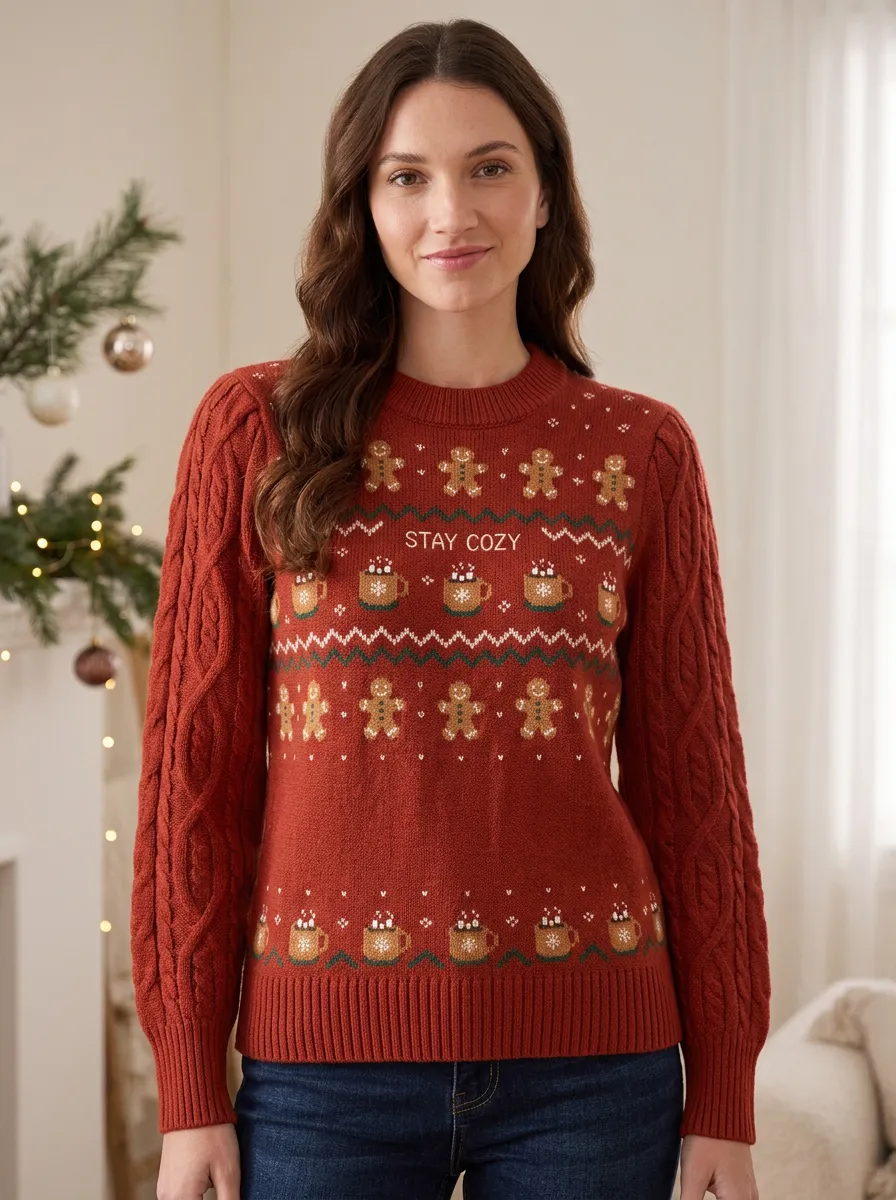 Christmas Stay Cozy Gingerbread Man Cocoa Print Sweater