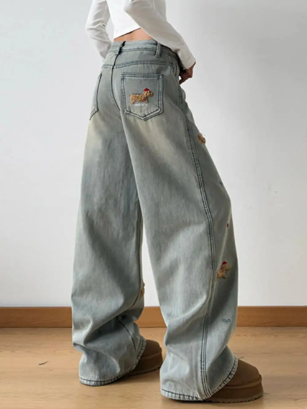 Polished Wide Leg Embroidered Denim Jeans