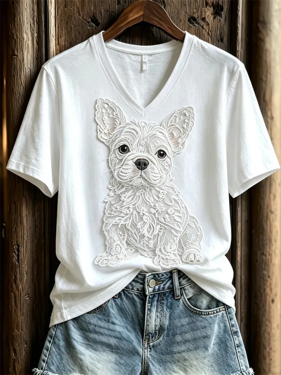 Women'S Dog Love Day Lace Art Pattern Printed V-Neck T-Shirt