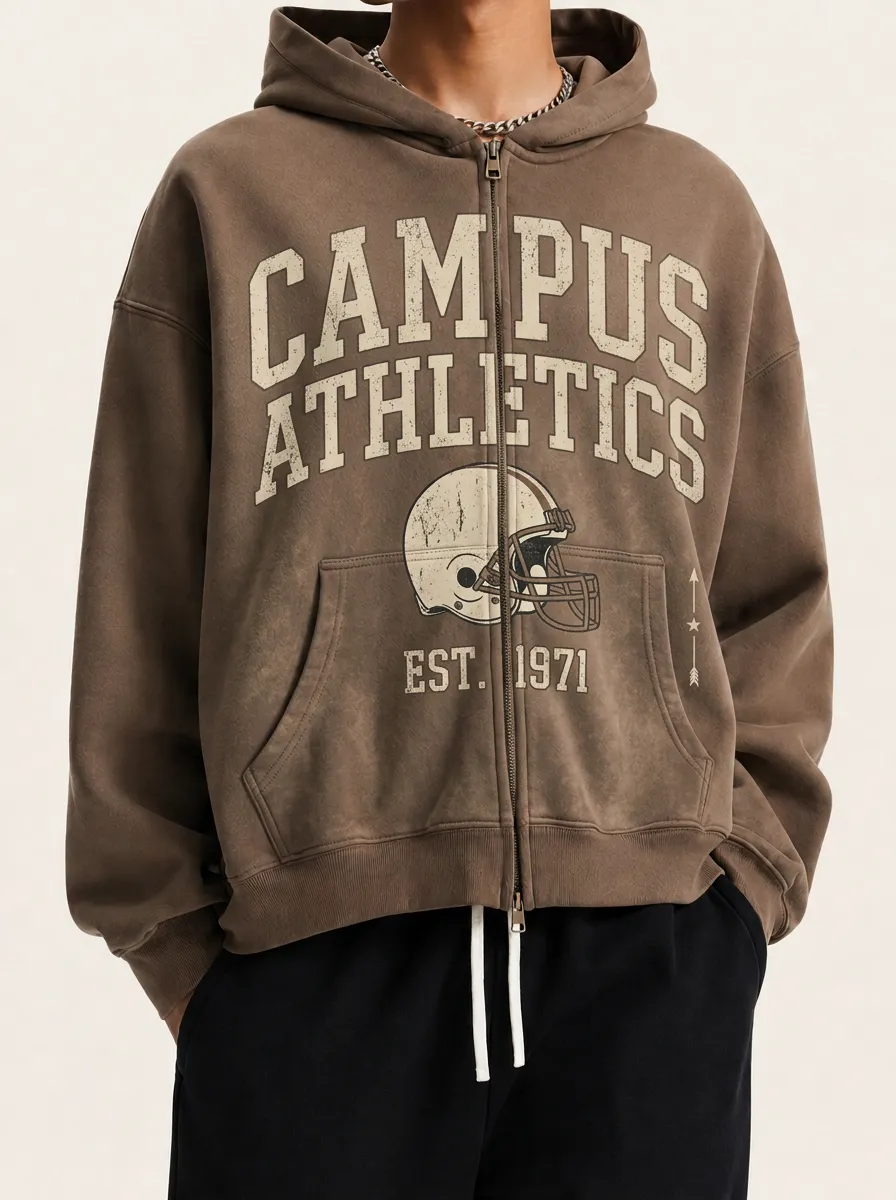 Men's Campus Athletics Football Helmet Printed Zip-up Hoodie