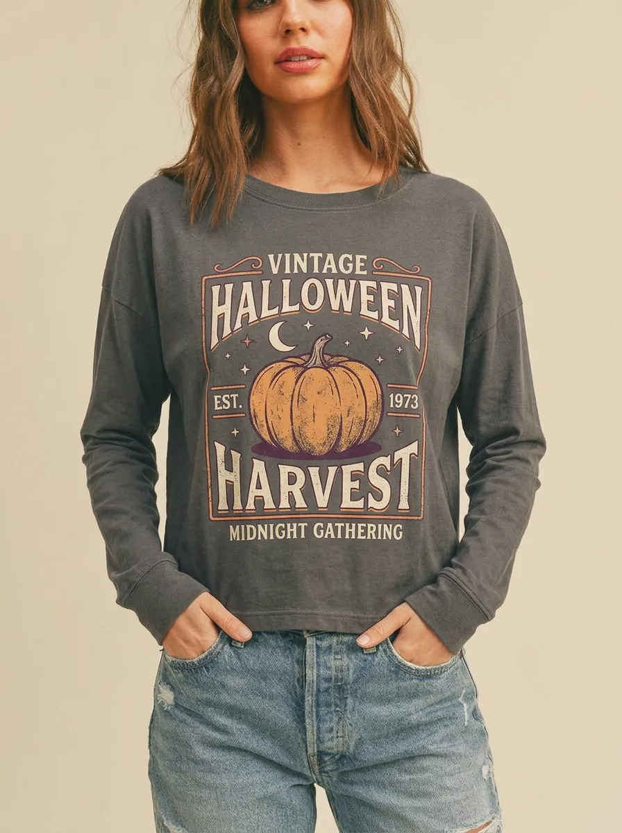 Women's Vintage Halloween Harvest Pumpkin Printed Long Sleeve Top