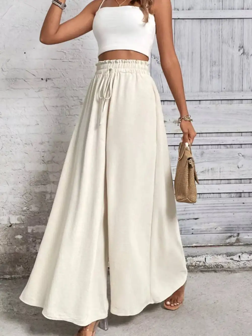Wide Leg Ruffle Detail Casual Everyday Pants