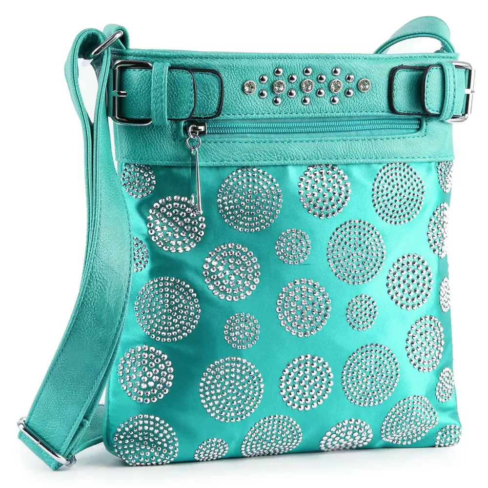 Statement Detail Crystal Accent Pocketed Faux Leather Crossbody Sling Bag
