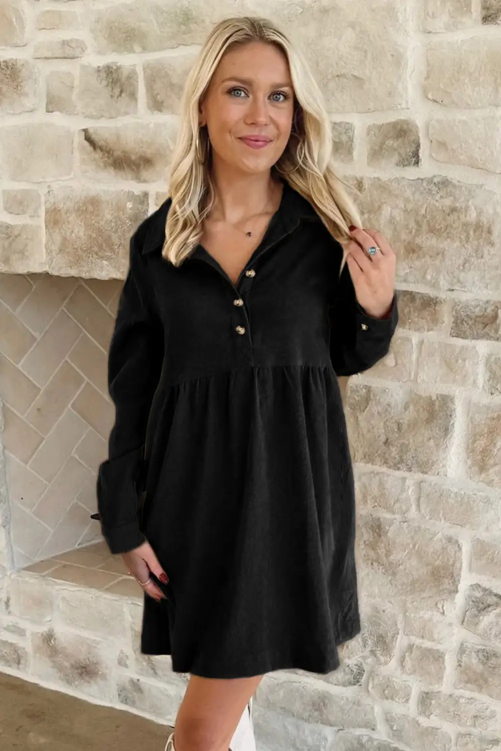 Corduroy Half Button Collared Long Sleeve Mini Dress