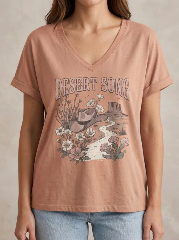 Women's Western Desert Song Cowboy Hat Cactus Printed V-Neck T-Shirt