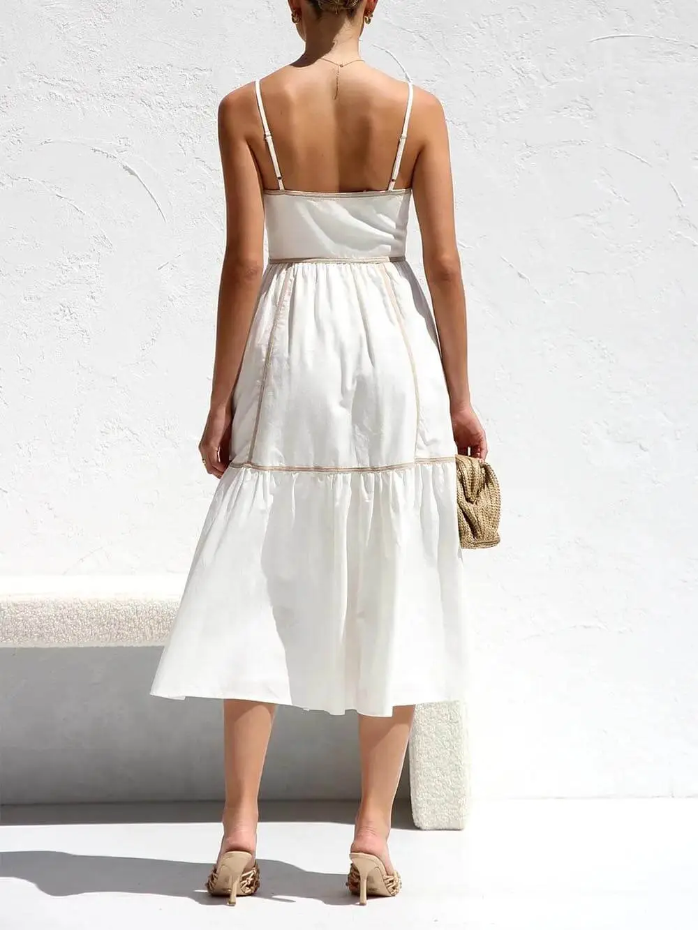 Contrast Trim Adjustable Straps Midi Dress