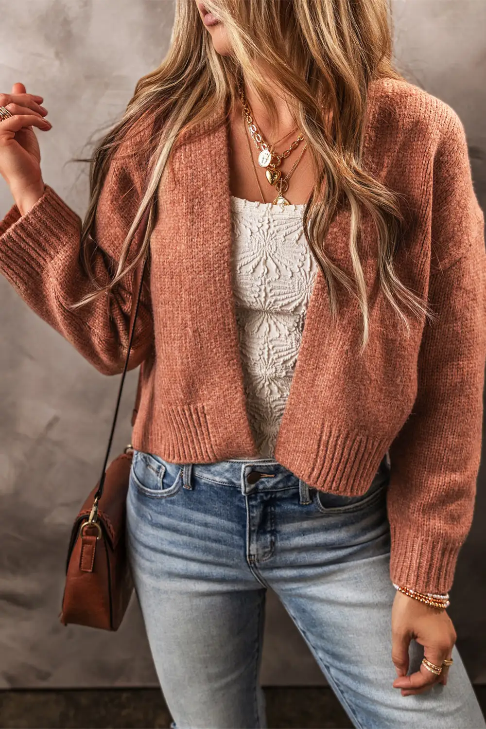 Open Front Drop Shoulder Cropped Cardigan
