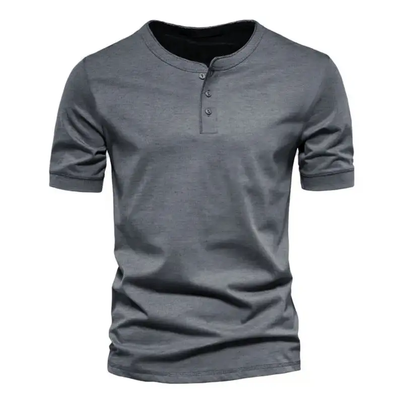 Men's Tailored Short-Sleeve Henley Shirt Cotton Blend With Button Placket