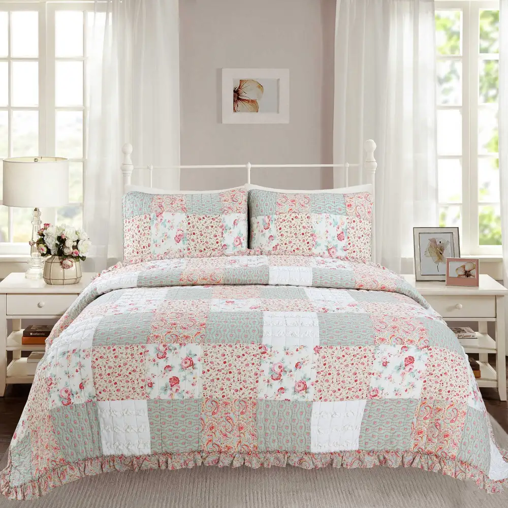 Cotton Floral Patchwork Ruffled Quilt Bedding Set