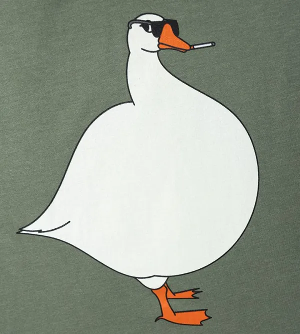 Cartoon Goose Graphic Olive Green T-Shirt