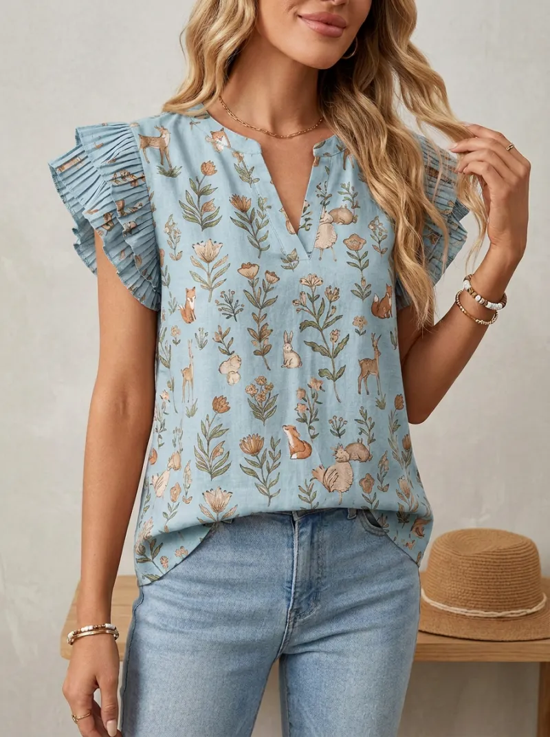 Floral Woodland Ruffle Women's Loose Printed Blouse