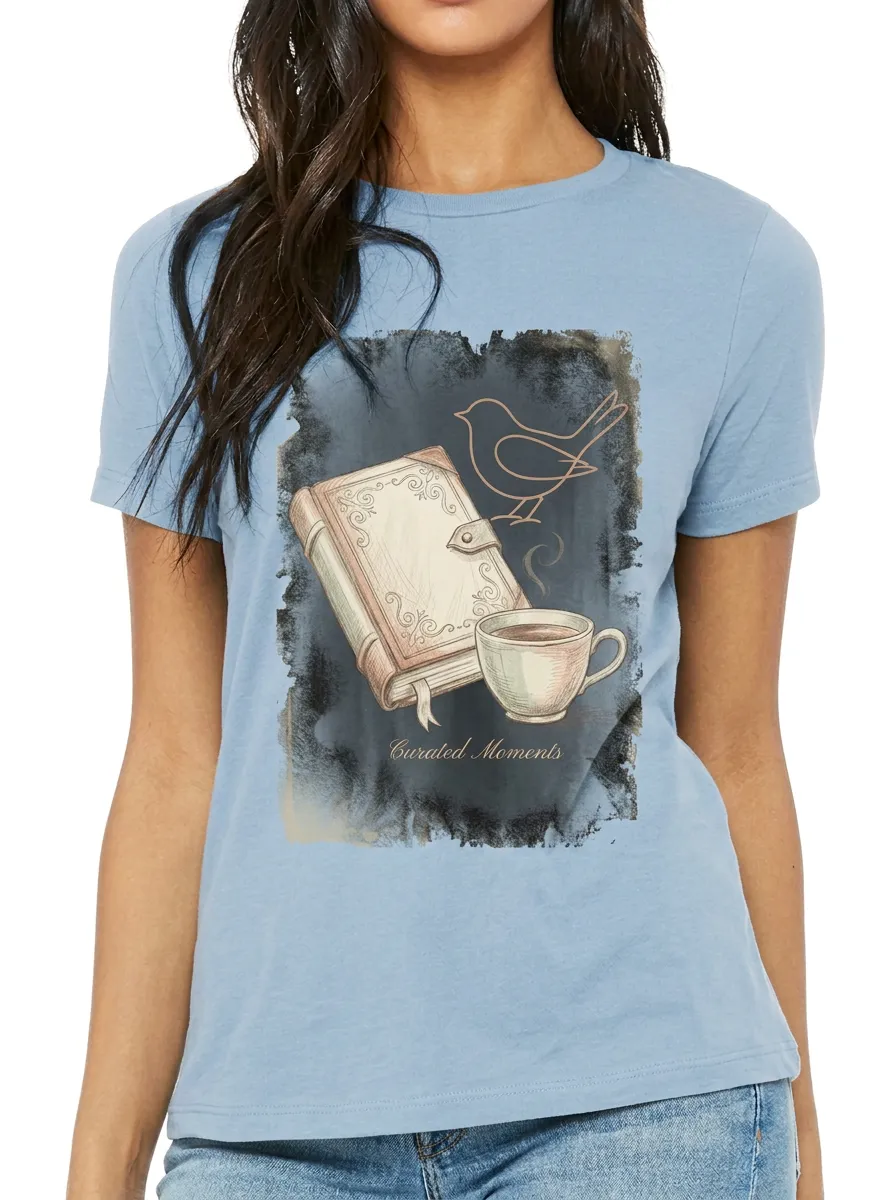Women's Book Lover Coffee Bird Curated Moments Printed T-shirt