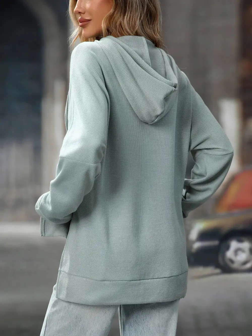 Refined Drawstring Pocketed Long-Sleeve Textured Hoodie