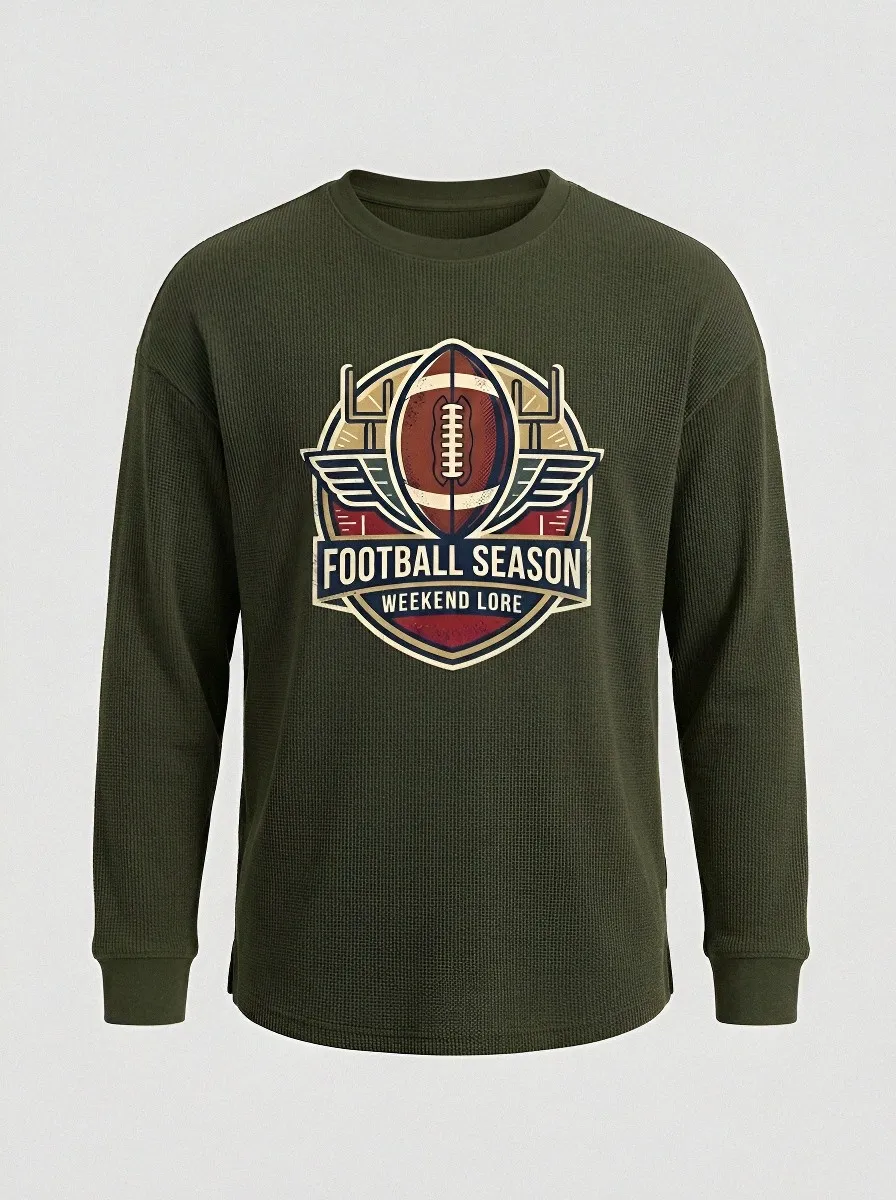 Men's Football Season Winged Ball Printed Waffle Long Sleeve T-Shirt
