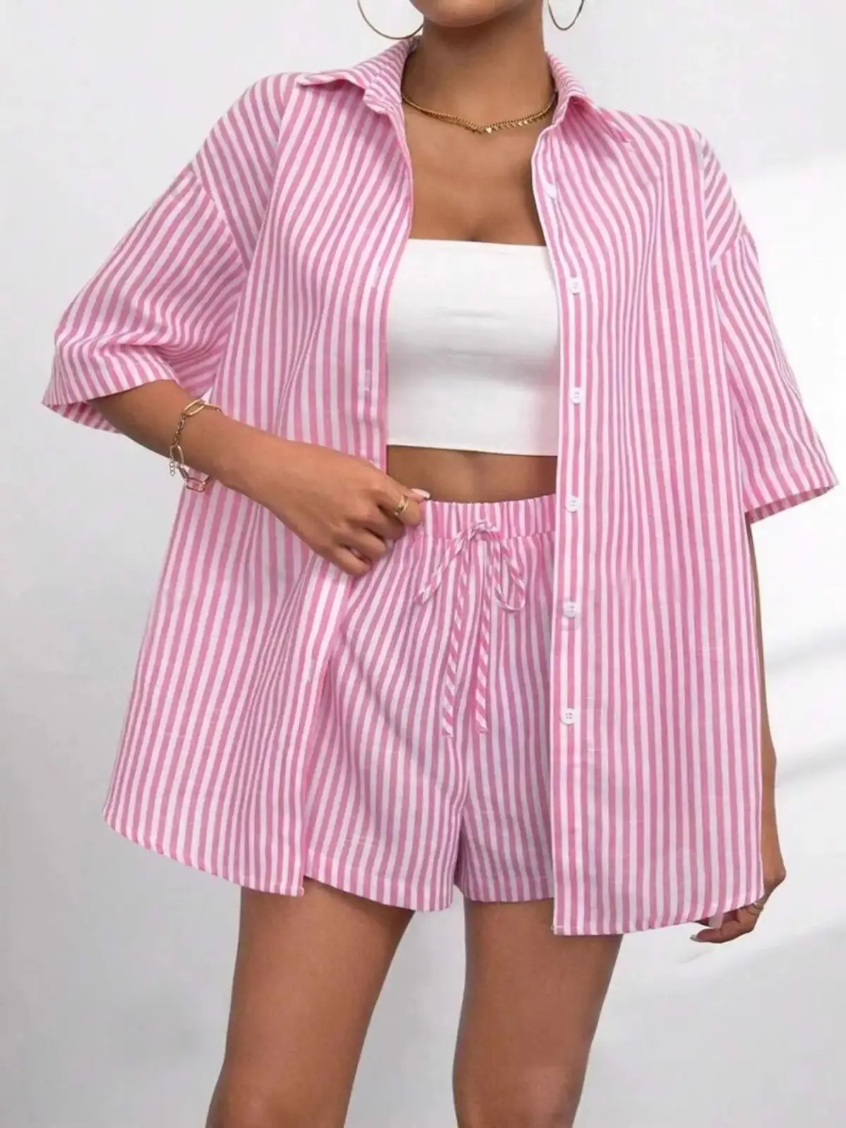 Refined Striped Shirt and Shorts Matching Set