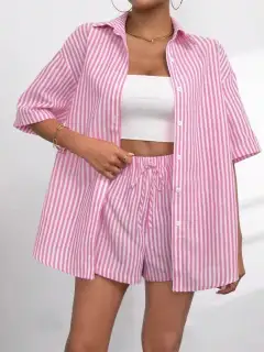 Refined Striped Shirt and Shorts Matching Set
