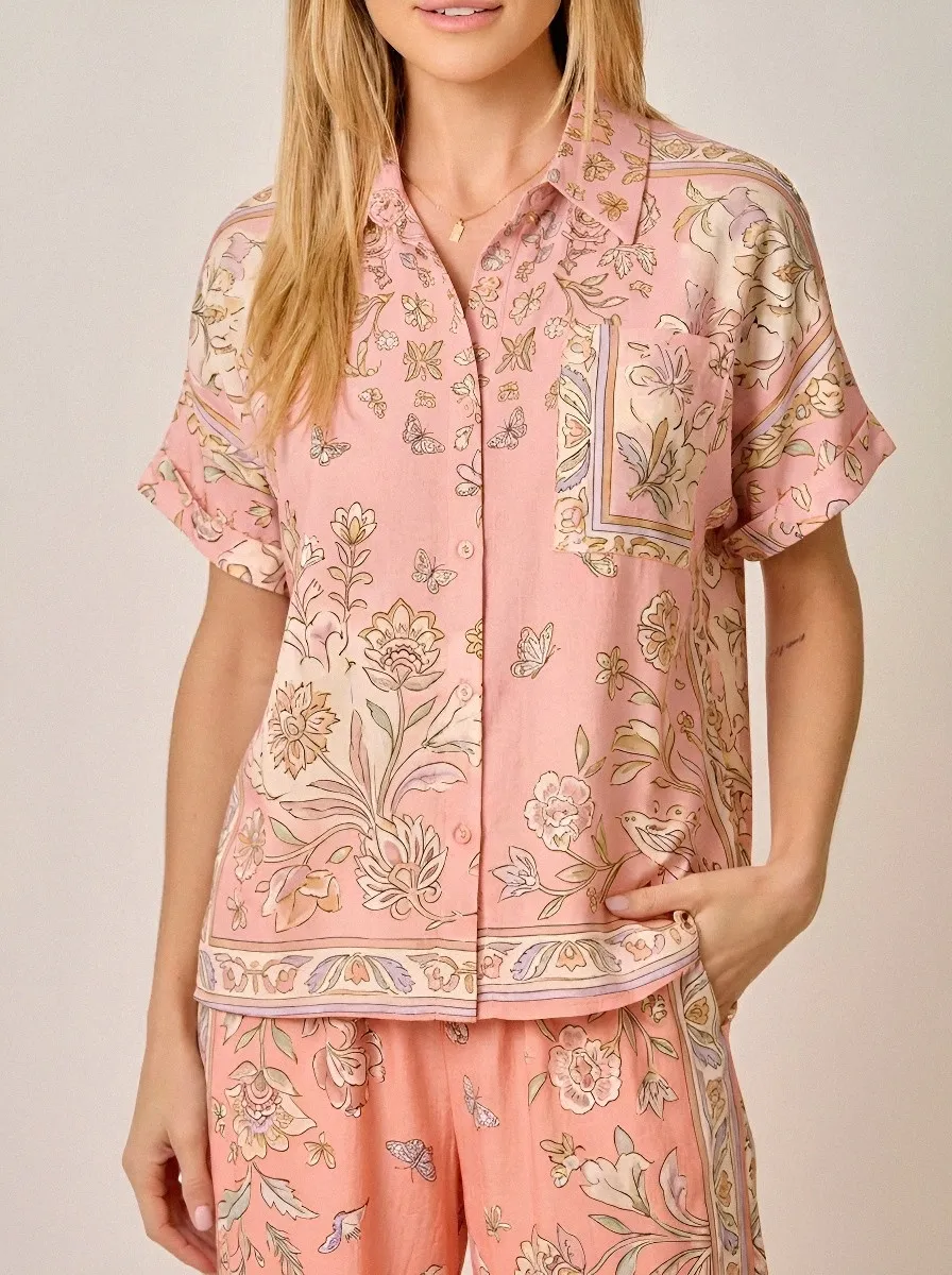 Women's Boho Floral Butterfly Printed Button Down Shirt
