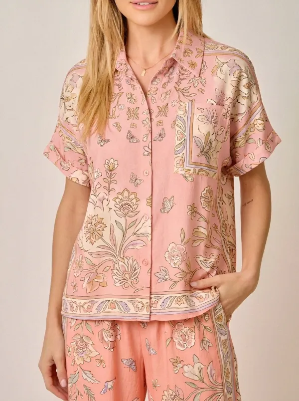 Women's Boho Floral Butterfly Printed Button Down Shirt