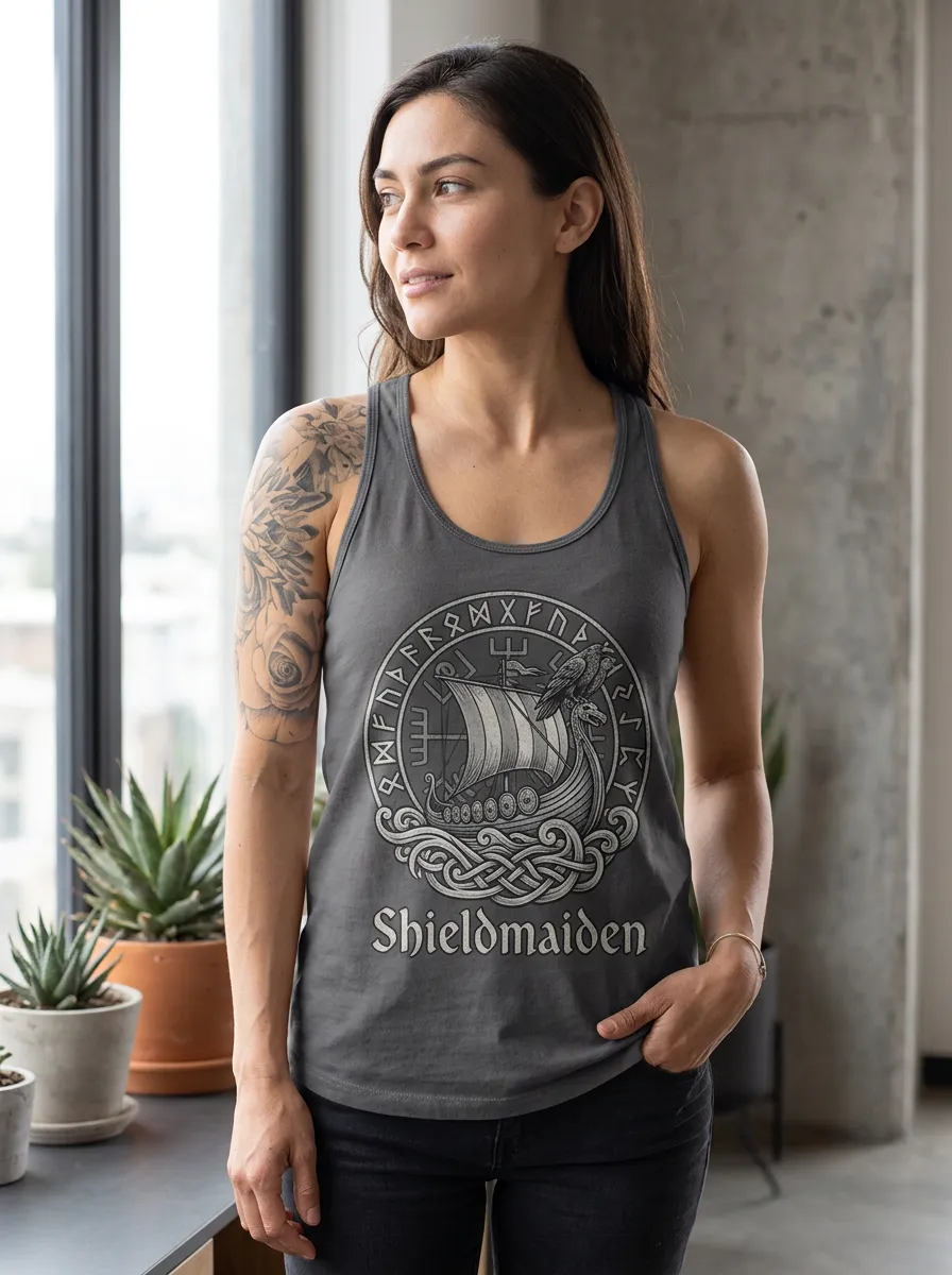 Women's Viking Shieldmaiden Raven Longship Printed Tank Top