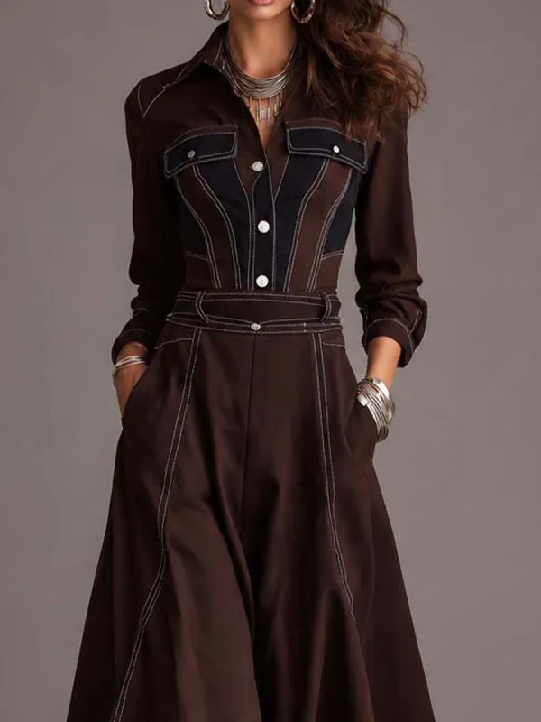Vintage Western Shirt Collar Contrast Stitching Dark Brown Twill Midi Dress