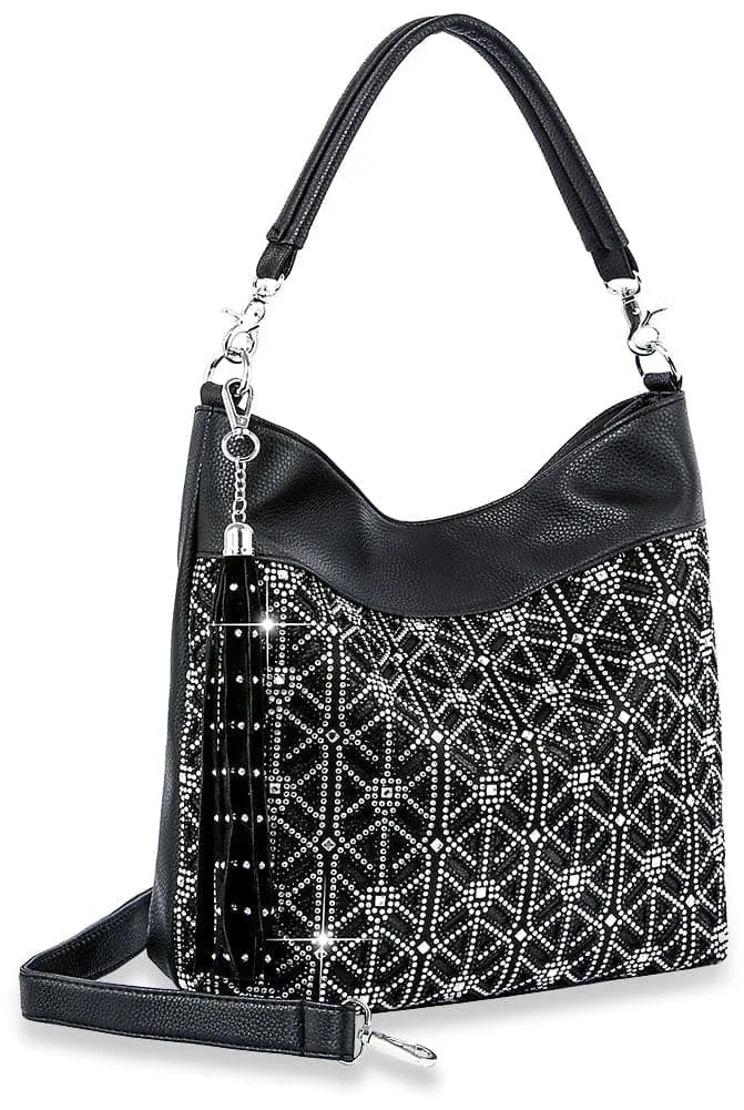 Everyday Detail Crystal Accent Tassel Accent Pocketed Faux Leather Hobo Shoulder Bag