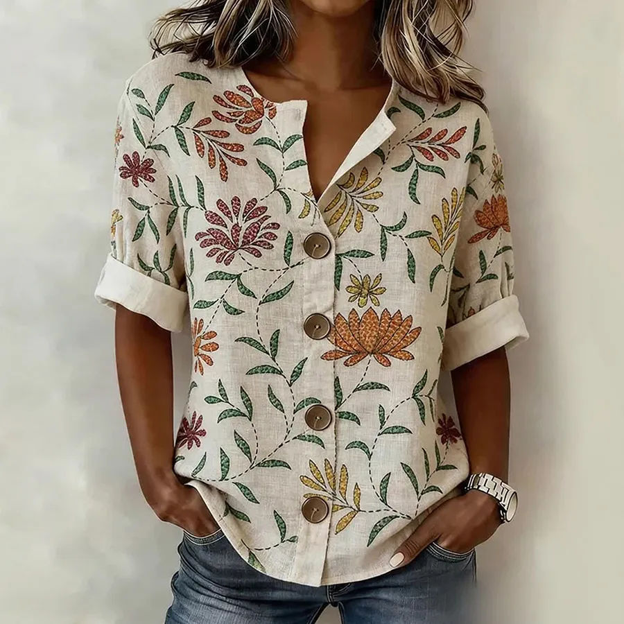 Women's Casual Short-Sleeve Cotton-Linen Top