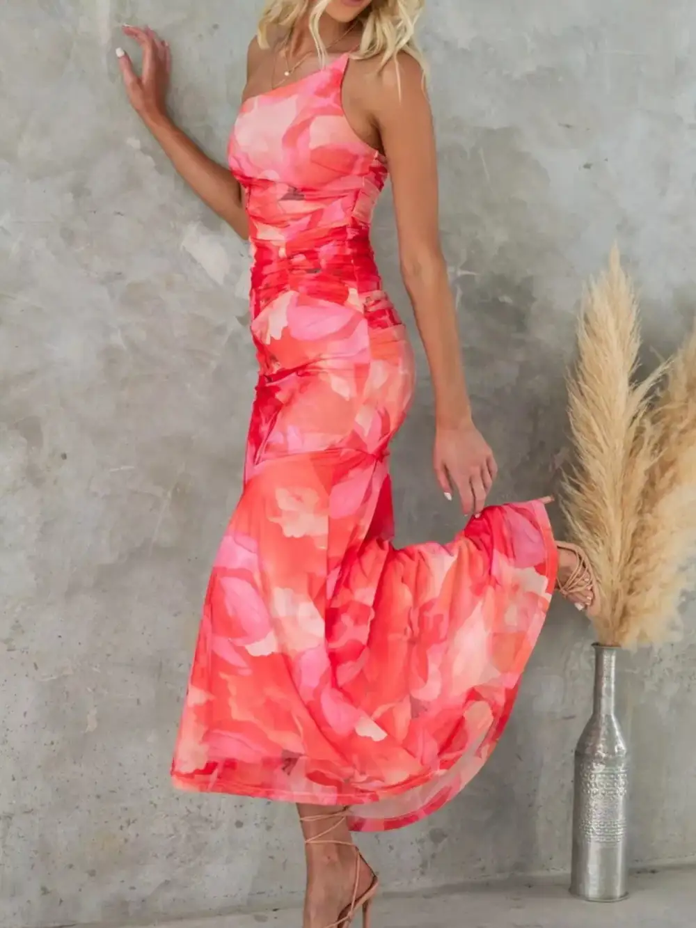 Ruched One-Shoulder Floral Maxi Dress