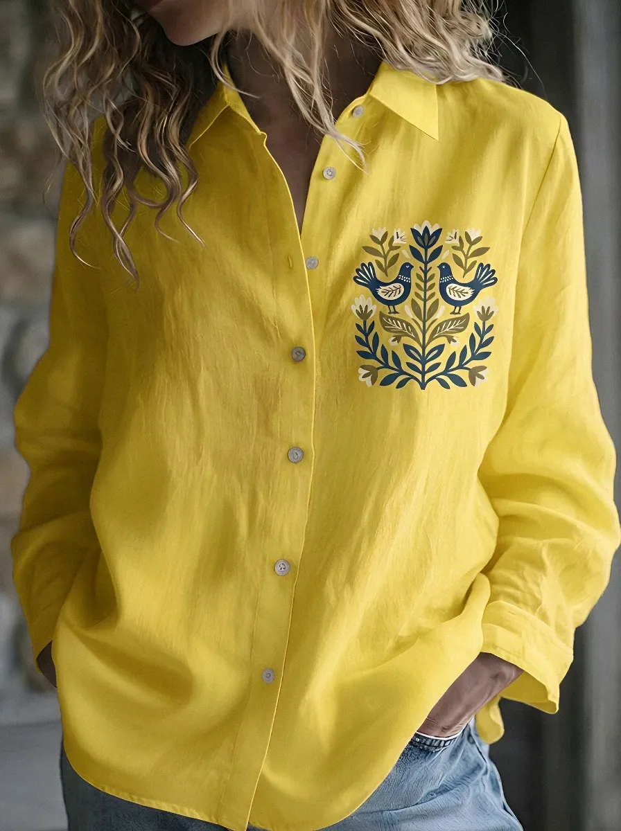 Women's Folk Art Bird Floral Printed Button Down Shirt