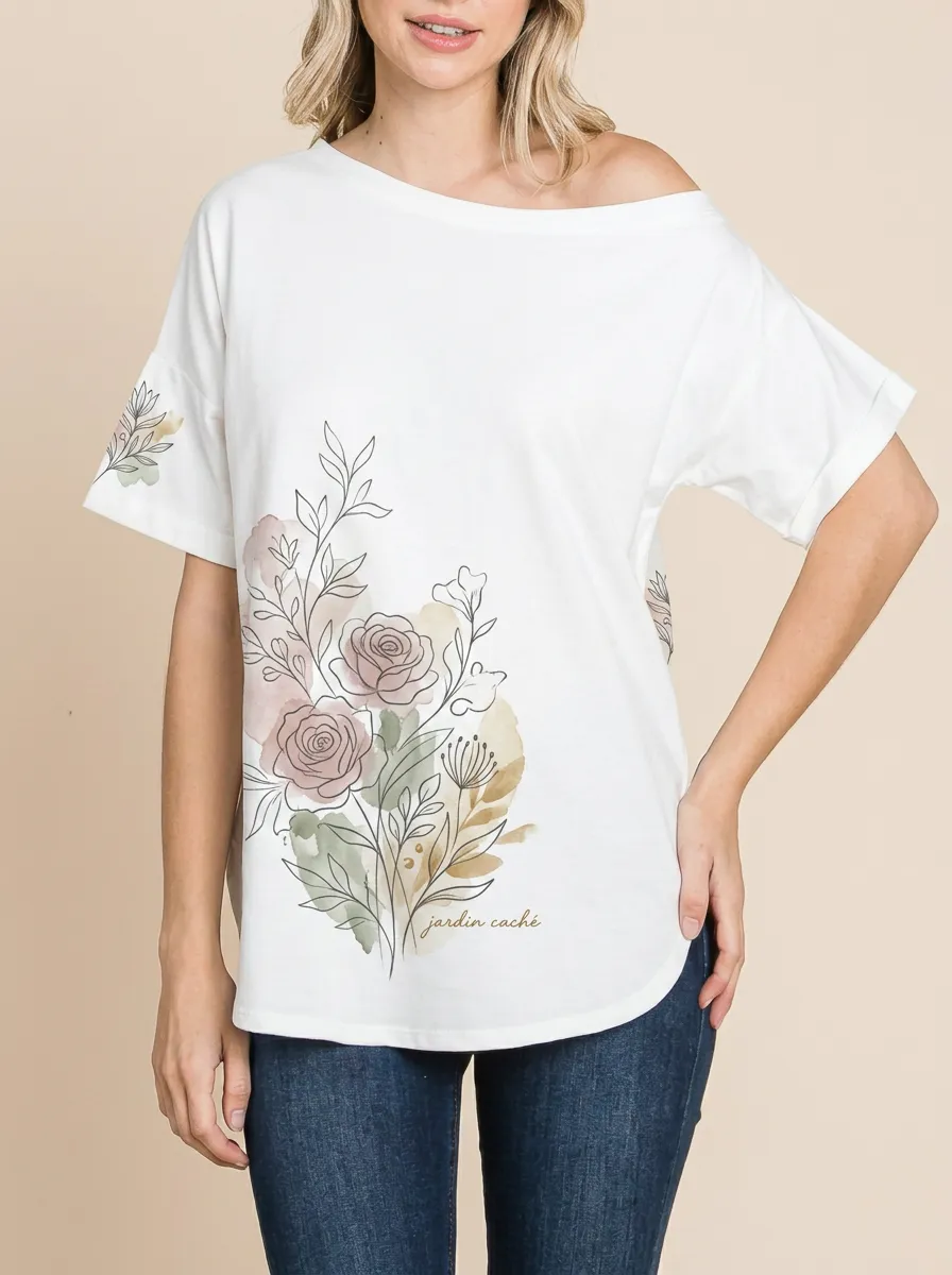 Women's Floral Lover Watercolor Rose Jardin Caché Printed T-shirt