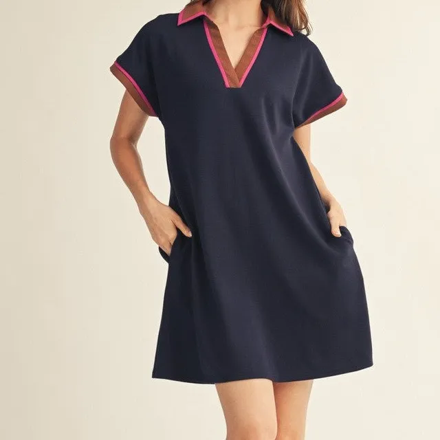 Striped Short Sleeve Collared Knit Dress