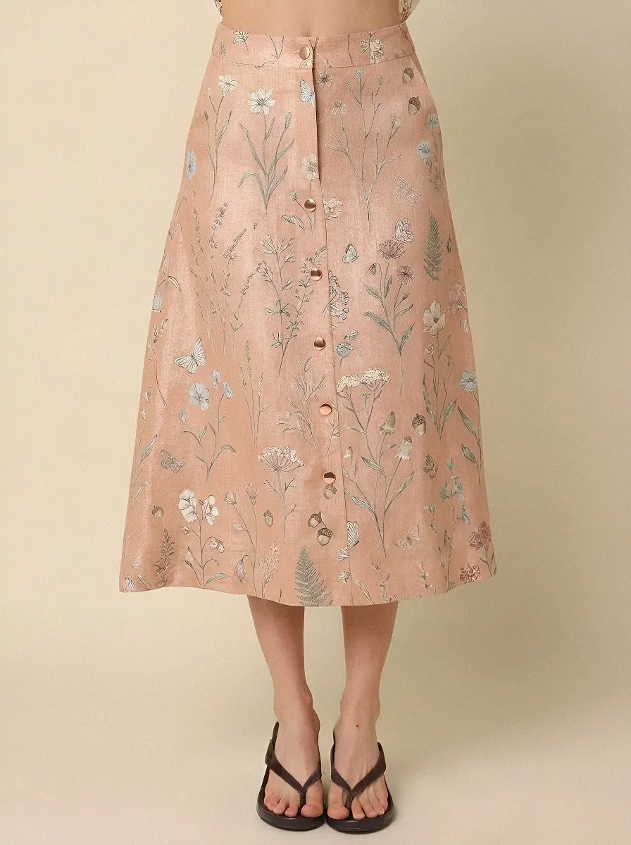 Women's Button-Front Botanical Butterfly Floral Printed Midi Skirt