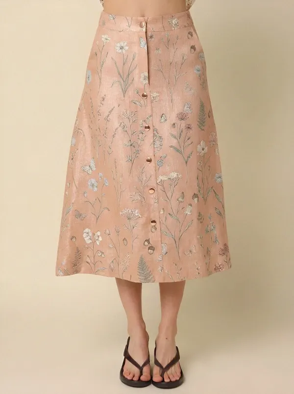 Women's Button-Front Botanical Butterfly Floral Printed Midi Skirt